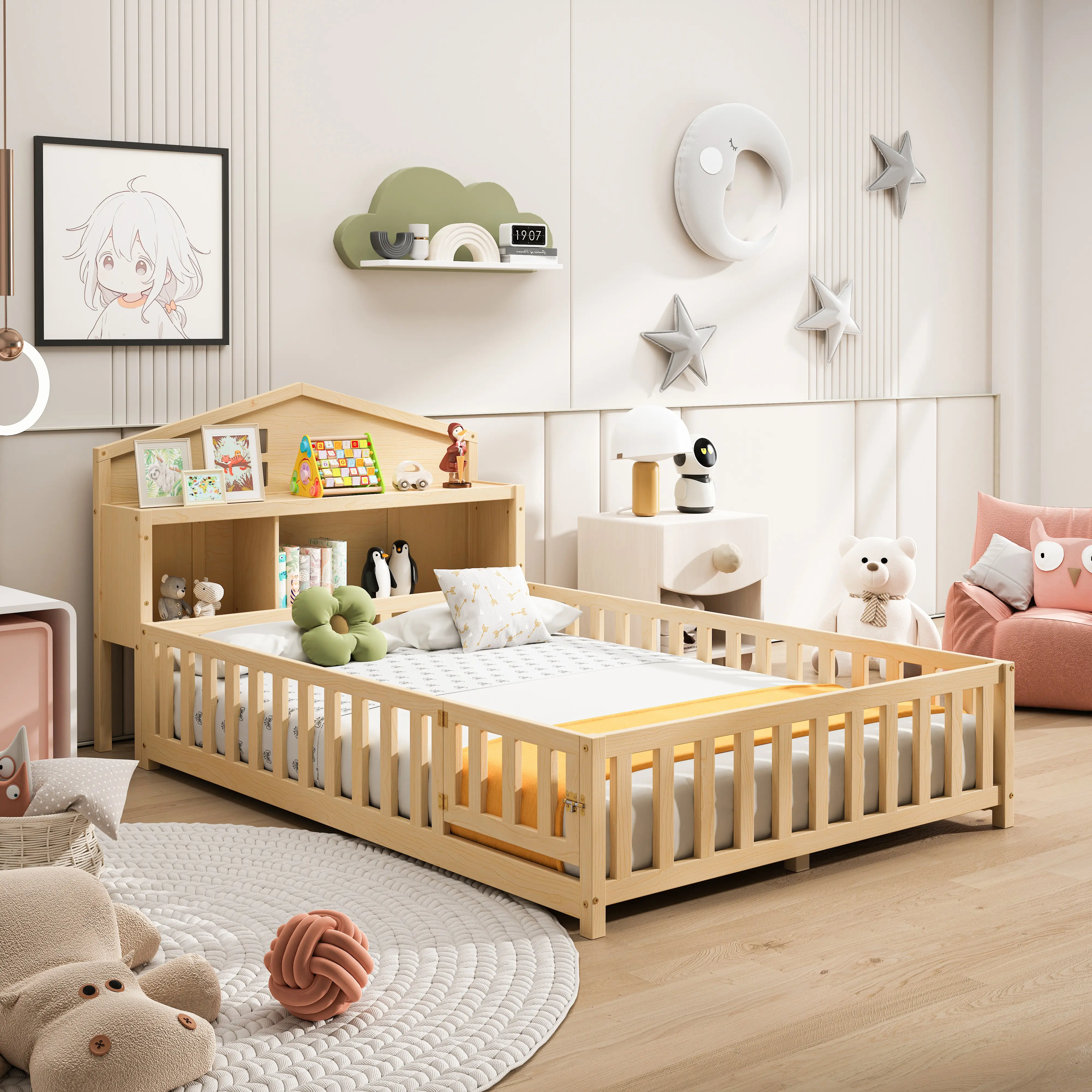 Montessori Full-Size Floor Bed with Bookshelves and Chalkboards, Versatile Platform Beds with Guardrails, Solid Wood Floor Beds with Storage Headboards