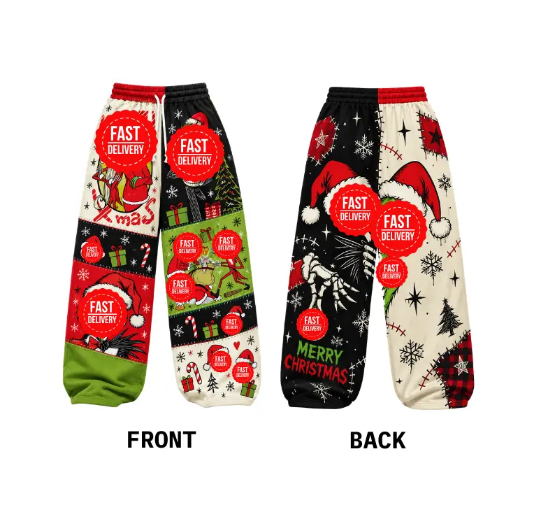 Christmas Loose Sweatpants, Spooky Holiday Graphic Wide Leg Pants, Festive Patchwork Unisex Casual Bottoms