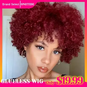 Glueless Wigs Human Hair Wigs Short Afro Kinky Curly Burgundy Color Wig For Women  Human Hair Wigs 99j Color 180% Density Pixie Curl Afro Wig Afro Kinky Curly Wigs Onetide Hair