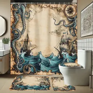 Elegant Bathroom Decor Set, Includes Octopus Pattern Shower Curtain, U-Shaped Toilet Pad, Lid Cover & Long Rectangular Mat