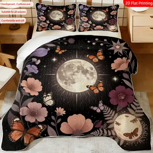 3 pcs, 2D Flat Print Moonlit Floral Butterfly Bedspread Set, Soft and Comfortable, Multiple Sizes Available, Suitable for Gifting and Daily Use, Ideal for Creating a Cozy Home Atmosphere(1 bedspread , 2 pillowcases)