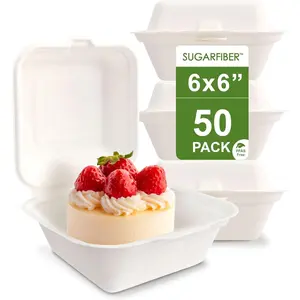 [50 COUNT] 6 X 6 inch White Compostable Food Hinged Container, Disposable Square Single Compartment Clamshell Takeout Box, Eco-Friendly Bagasse Sugarcane, No PFAS Added, New Version