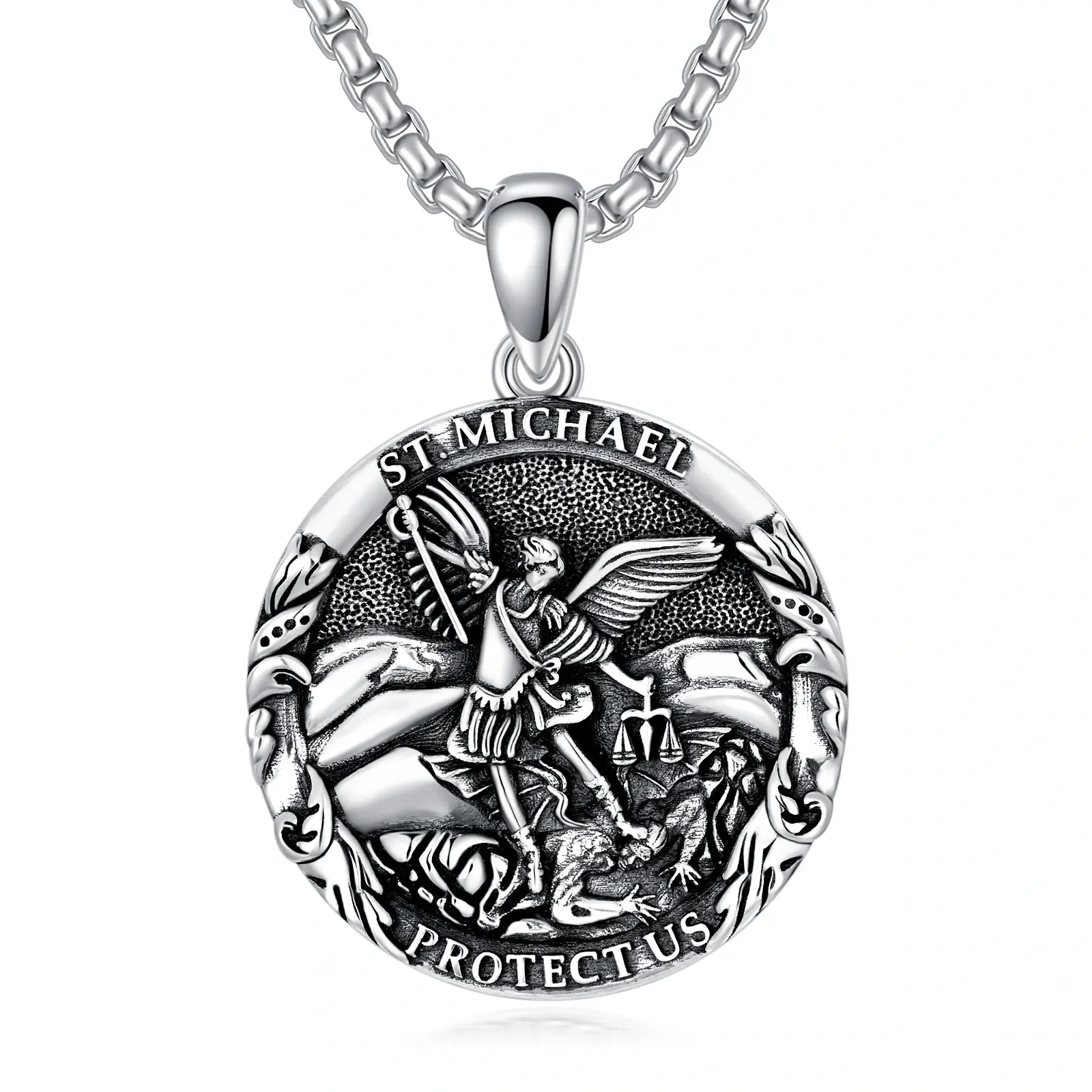 S925 Sterling Silver Saint Michael Pendant Necklace for Men and Women with Engraved Words