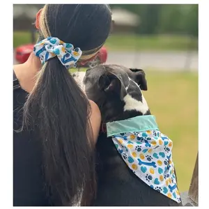 Matching Set for Dog Mom Handmade Dog Bandana 2 Pack Scrunchies Blue Paw Print for Buckle Collars Soft No Tie Design