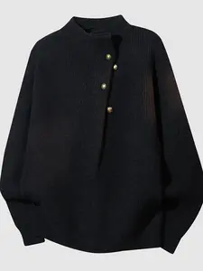 Men's Half High Neck Buttoned Sweater, Stand Collar Knit Pullover, Vintage Casual Oversized Hoodie, Fashionable Winter Wear