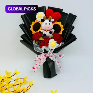 Crochet Sunflower and Cow Plush Bouquet, Handmade Knitted Flower Bouquet, Artificial Faux Rose Bouquet Arrangement, Artificial Flower Arrangements for Home, Party, Wedding, Anniversary and Festival Decor #GLOBAL PICKS