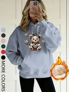 New Creative Cartoon Animal Bear Print Women's Sport Fitted Hoodie Sweatshirts, Fleece Lined Thickened, Casual Comfortable Daily Wear