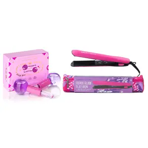 Almost Famous Beauty Bundle | Cryo Facial Massage Globes & Fierce Glam Tourmaline Flat Iron, Anti-Puffiness Skincare & Frizz-Free Hair Styling, Travel-Ready - Gift Bundle ( Travel Pouch Included)
