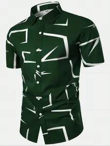 Men's Casual Printed Collared Shirt, Top, Short Sleeve Fitted Design, All over Print, Button Front, Perfect for Vacation and Leisure Wear