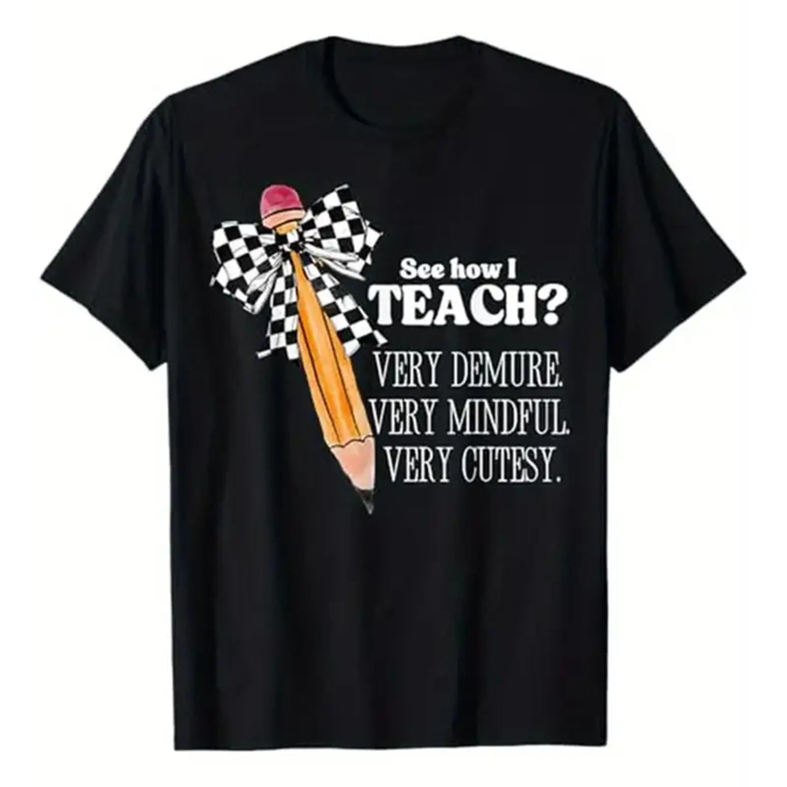 Men's Short-Sleeve Sports T-Shirt, Premium Soft Cotton Unisex Crew Neck, Demure Teacher Meme Pencil Bow Slogan Graphic Casual Top for Sports & Outdoor Use