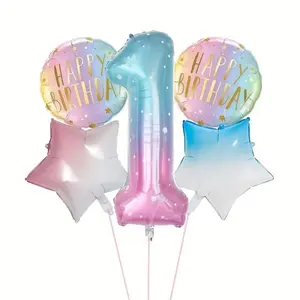 7 Piece Gradient Number Birthday Balloon Bouquet, 32 Inch Gradual Numbers 0-9, Blue Stars, Party Decorations