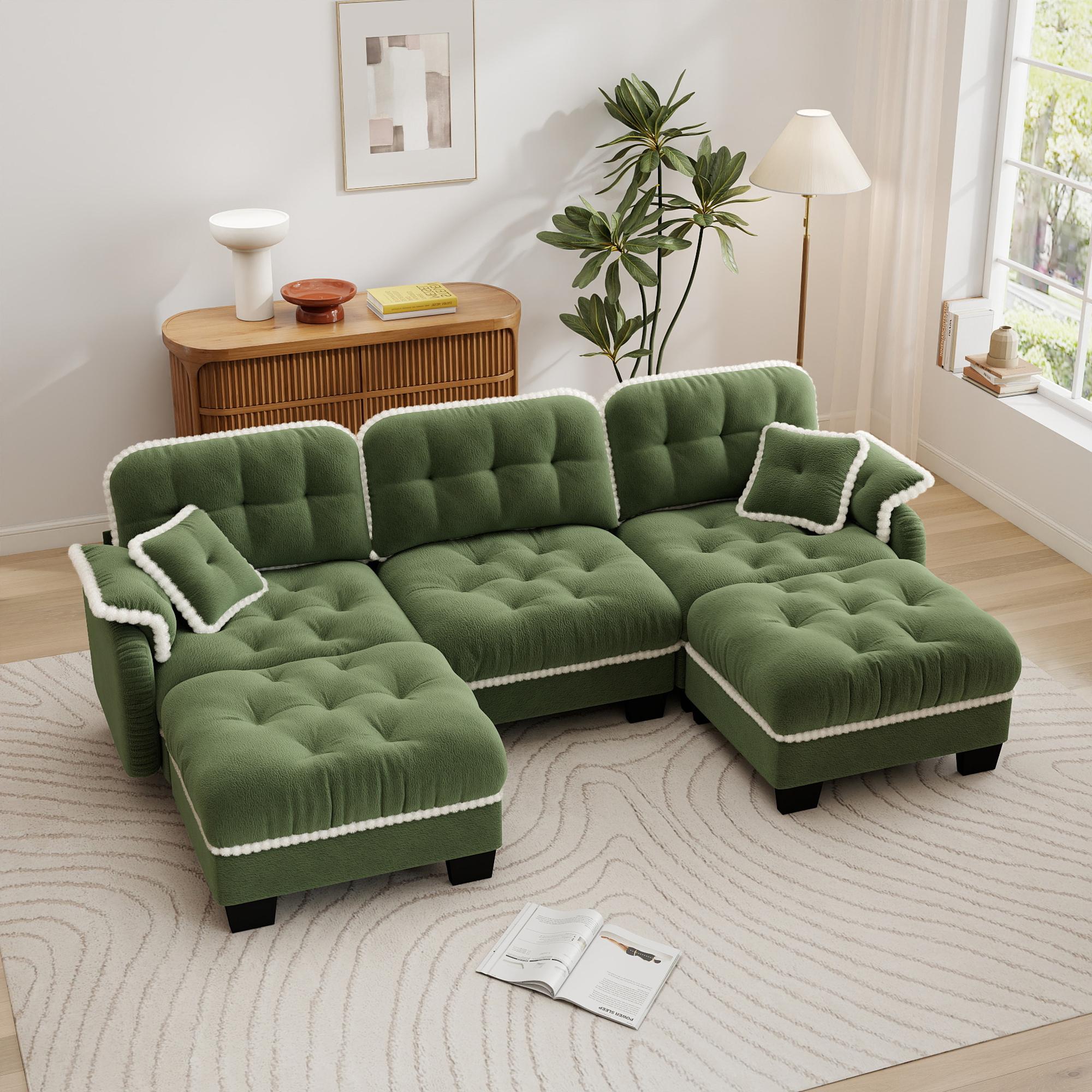 Eyisean 100.7in Chenille Modern Modular Sectional Sofa Furniture - 3-Seater U-Shaped Comfy Couch with Fixed Arms, Armrest Pillow, Back Cushion, 2 Movable Ottomans, Pom-Pom Trim Quilted Tufted Deep Seat, Ergonomic for Living Room Decor, Small Spaces, Ottom