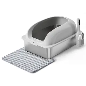 Stainless Steel Cat Litter Box with Lid, Large Cat Litter Box for Big Cats, High Wall Sides, Anti-Urine Leakage, Easy Cleaning, Scoop and Mat Included