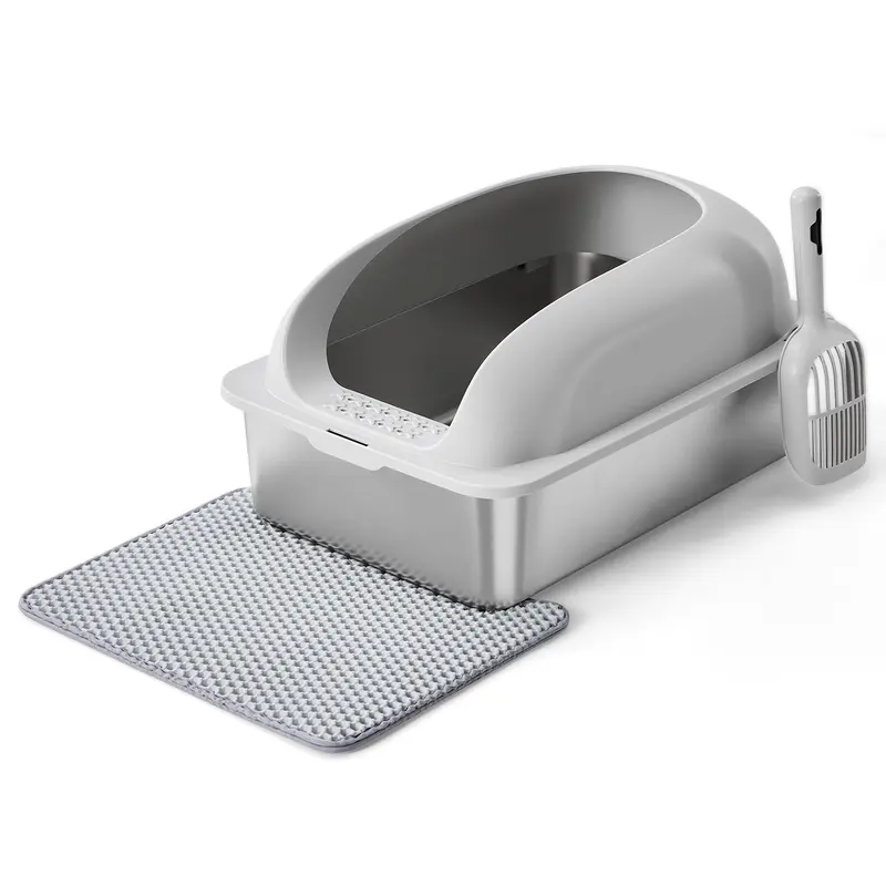 Stainless Steel Covered Sifting Litter Box - High Sided Litterbox (23.6 x 15.7 x 11.8in), 11.8in Spill Guard, Claw-Filter Entry, Leak-Proof Walls, Odor Control, Easy Cleaning for Big Cats, Includes Scoop & Non-Slip Mat