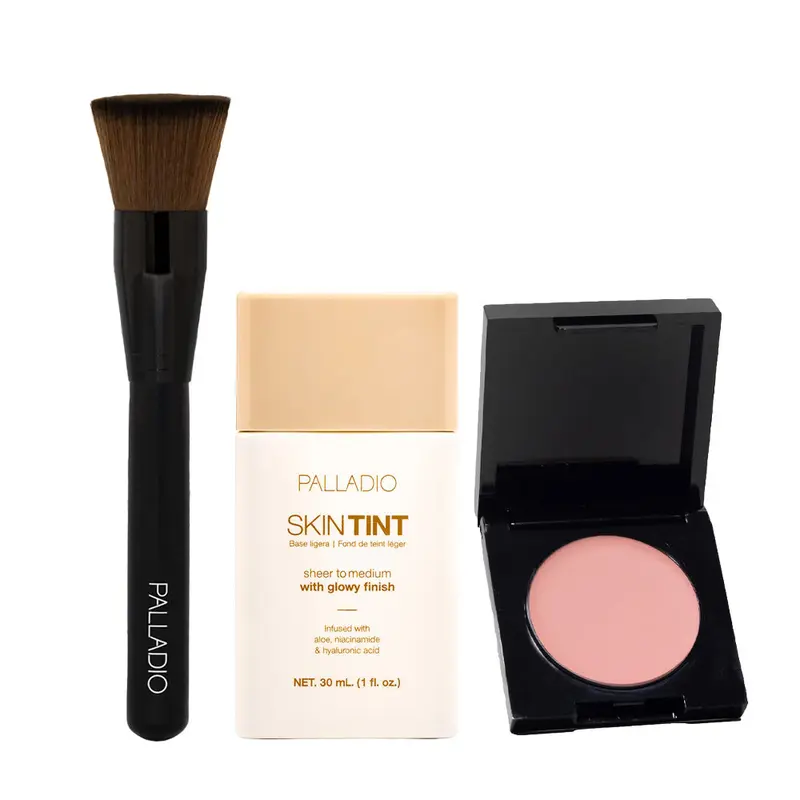 Palladio Beauty 3-Piece Clean Girl Cosmetic Makeup Set - Under Eye Brightener, Skin Tint, Kabuki Brush, Dark Circle Corrector, Hyaluronic Peptides, Lightweight Coverage, Natural Flawless Finish, Smooth Blend, Hydrating Clean Vegan Gentle Makeup Products
