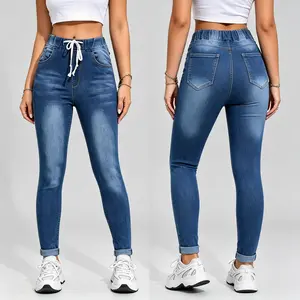 Women's Drawstring Elastic High Waist Skinny Jeans, Washed Stretchy Rolled Cuff Casual Denim Pants For Daily Streetwear