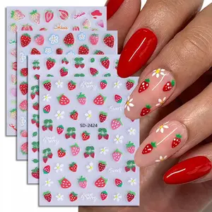 Strawberry & Flower Pattern Nail Art Sticker (4 Sheets), Self-adhesive Nail Decal, DIY Nail Art Decoration for Women & Girls