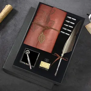 Quill Pen and Ink Set, Antique Feather Dip Calligraphy Pen Set, with Feather Pen, 5 Replacement Nibs, Pen Nib Base, Notebook, Ink, Gift Box (Grey)