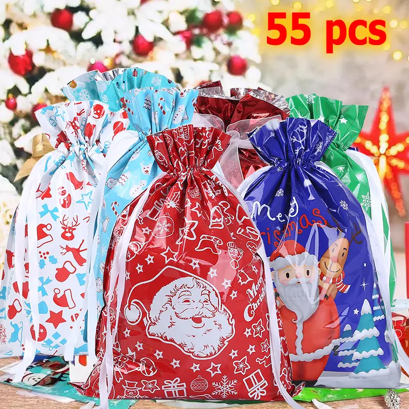 Christmas Themed Gift Bag, 55pcs/set Random Color Cute Santa Claus Elk Snowman Pattern Gift Candy Bag with Ribbon, Gift Wrapping Supplies for Christmas Party