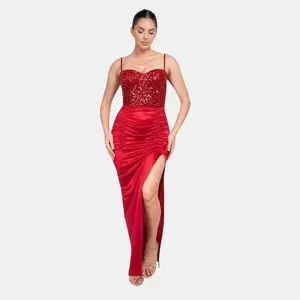 Gina Knit Satin Haute Couture Sweetheart Neckline Sequin Adjustable Cami Strap Maxi Dress .