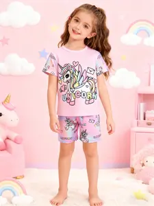Girl's Unicorn Print Tee & Shorts Loungewear Set, Cute Comfy Round Neck Short Sleeve T-shirt & Shorts   Pj Set, Kids Sleepwear for Summer