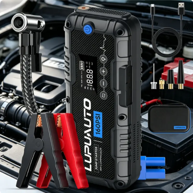Portable car emergency start power supply with air compressor, with digital tire inflator, portable car charger, with LED display, fast charging USB output, LED emergency lighting Jumper Starter with LED Lights