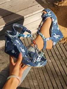 Women's Summer New Denim Wedge Sandals, Thick Sole Waterproof Platform Braided Rhinestone Open-Toe Roman Shoes, Fashionable Footwear