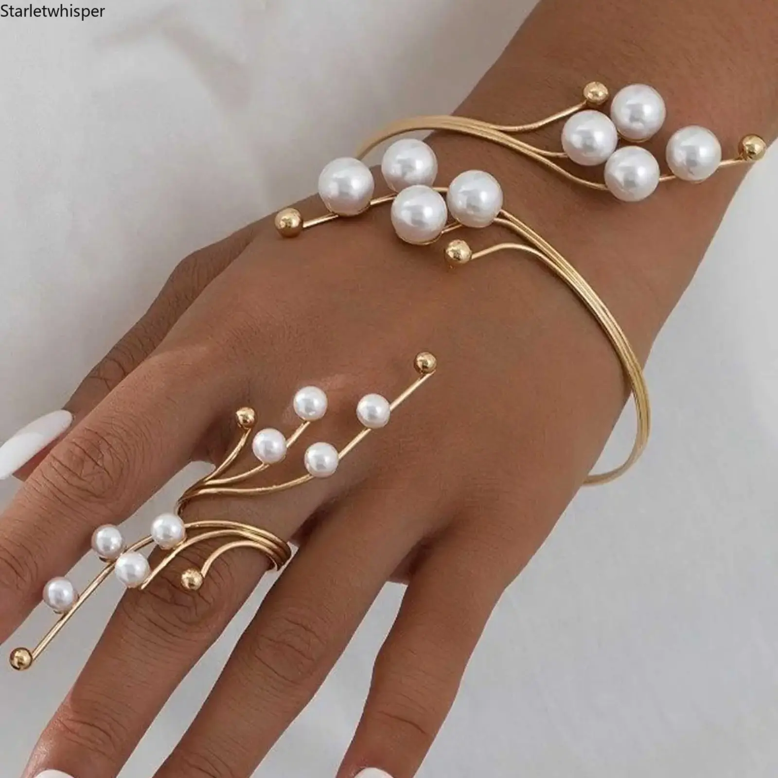 Gold Pearl Branch Bangle & Ring Set, Open Cuff Pearl Jewelry Set, Elegant Dainty Statement Jewelry for Women, Daily & Party Wear