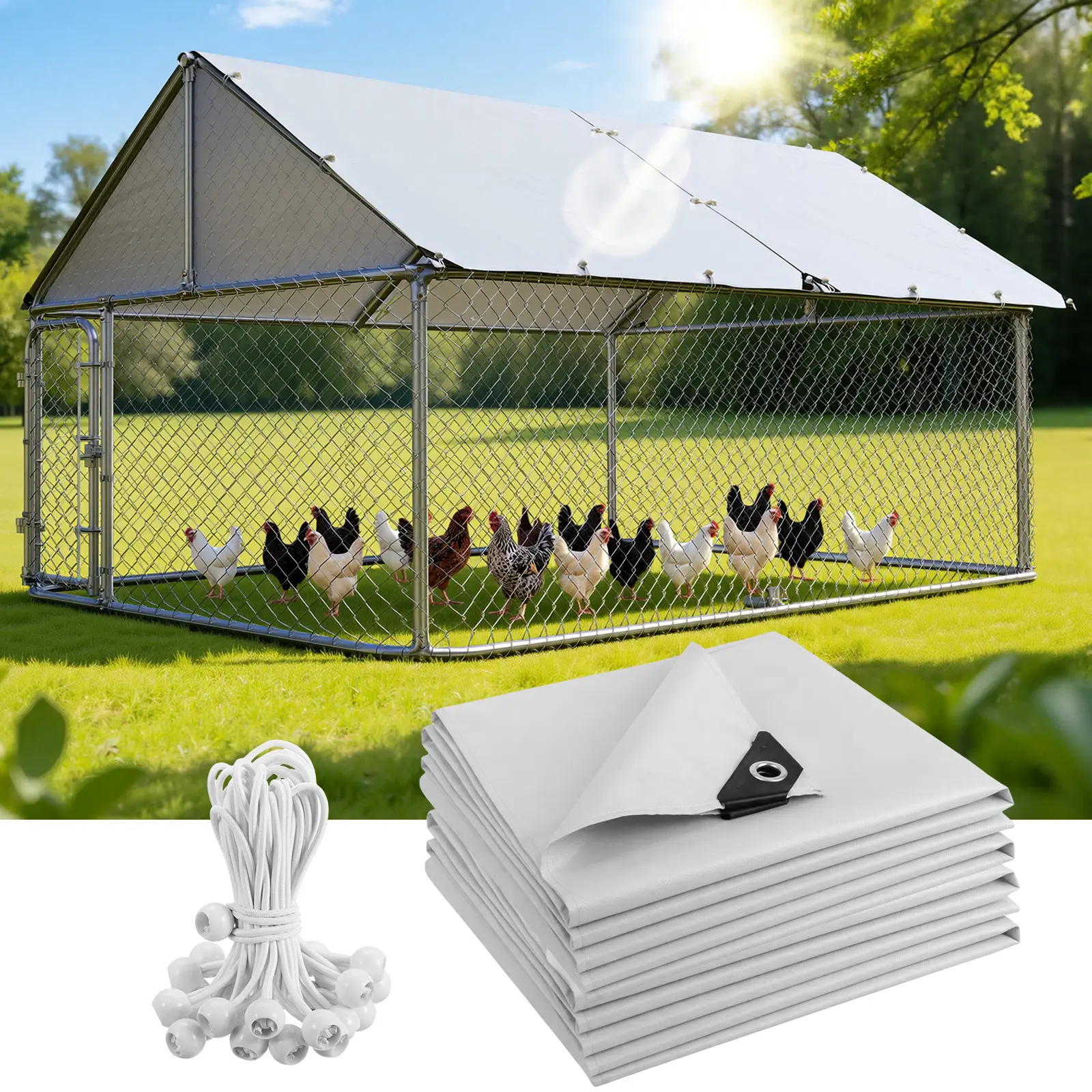 Chicken Coop Cover Waterproof, 11.7 * 6.7ft 420D Durable Oxford Fabric, Sunshade Water-Resistant Tarp for Walk-in Chicken Run Pen with Ball Bungees Cords(Only Cover, Frame Not Included)