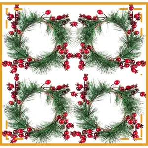 Christmas Candle Rings- 4.3 Inches Candle Wreaths Candle Garland with Artificial Red Berries- Xmas Wreath Candle Holder for Christmas Wedding Table Dinner Party Decoration, 4 Pcs