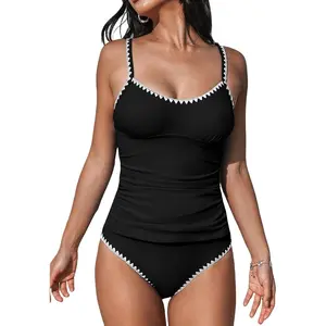 Women's White Trim Stitch One-Piece Bathing Suit, Ruched High Cut Tummy Control Swimsuit, Sporty Wireless Breathable Swimwear, Ladies Swimwear for Swimming & Resort