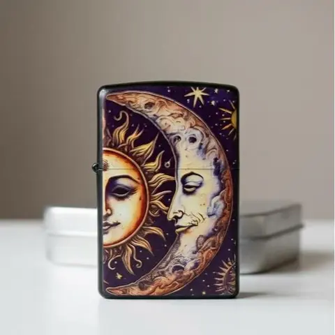 Sun & Moon Vintage Lighter – Celestial Duality Metal Windproof Refillable Pocket Lighter, Collectible EDC Gift (Fuel Not Included)