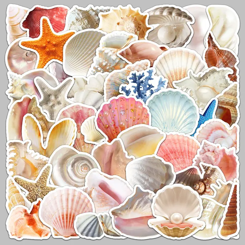 Sea Shell Pattern Sticker, 50pcs/set Sticker Sheets Waterproof Self Adhesive Decor Paper, Decor Sticker For Gift & Greeting Card & Water Bottle