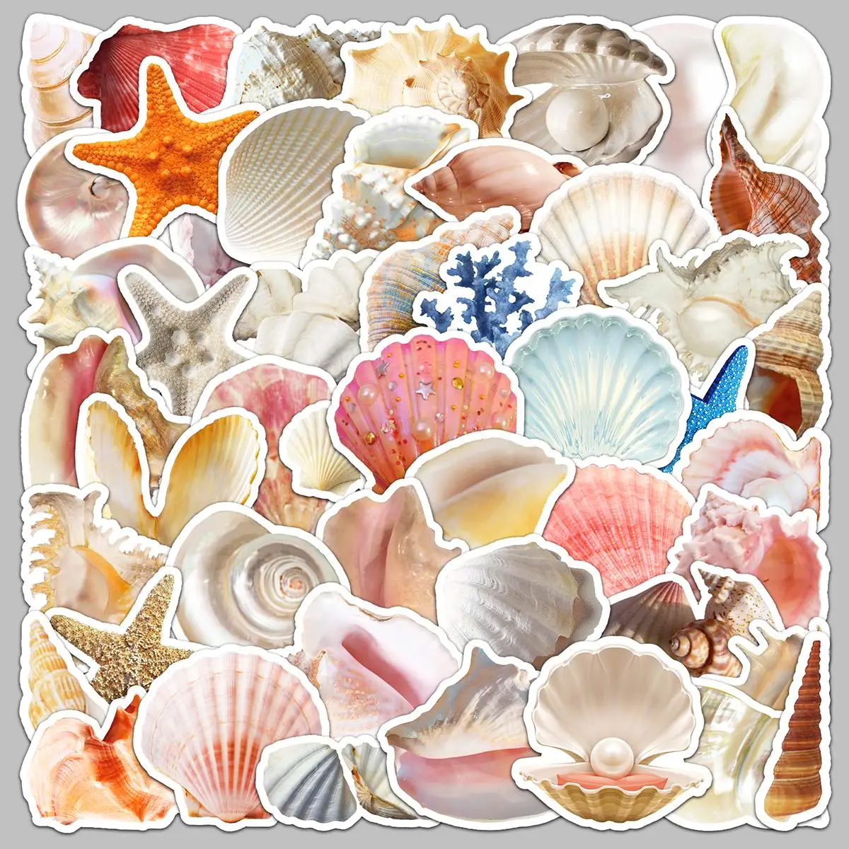 Sea Shell Pattern Sticker, 50pcs/set Waterproof Self Adhesive Decor Paper, Decor Sticker For Gift & Greeting Card & Water Bottle