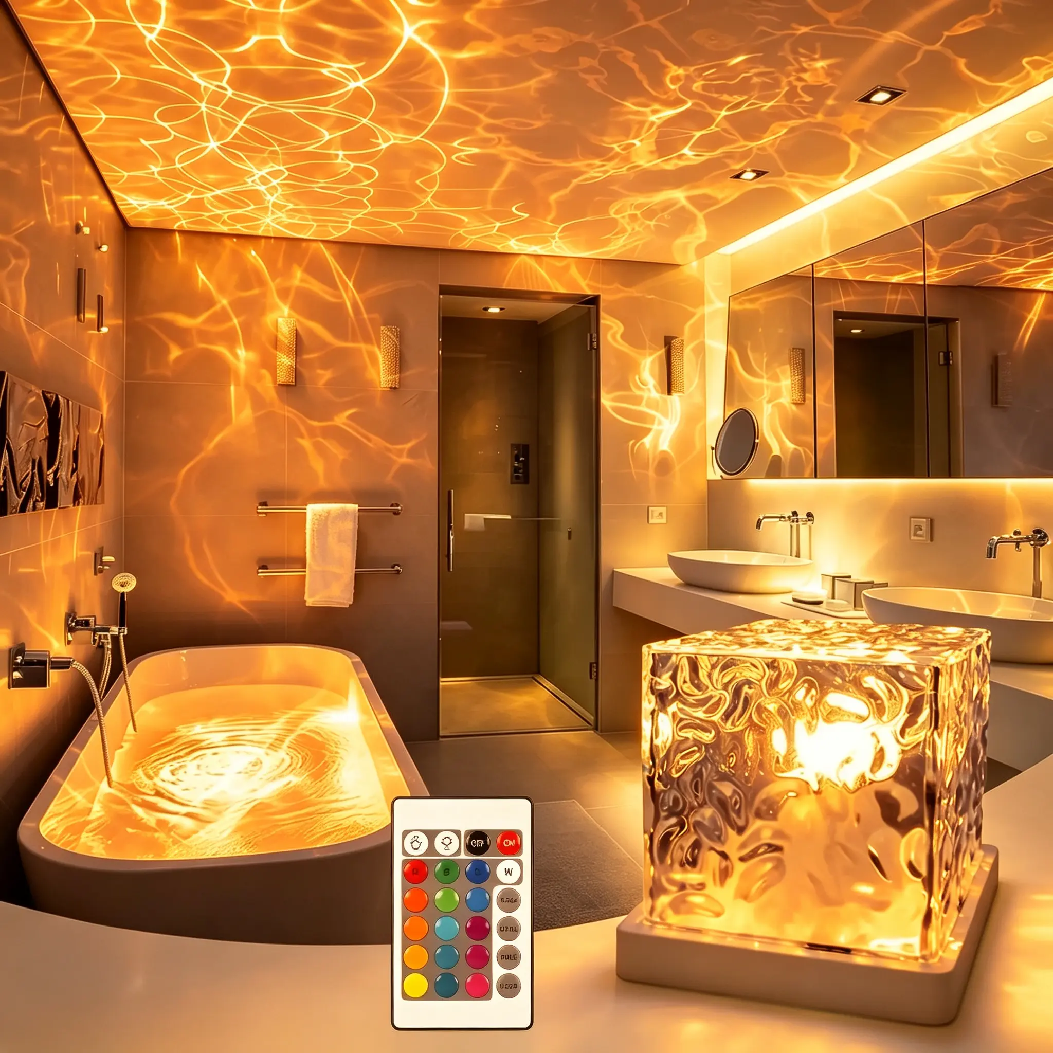 16-Color Rechargeable Shower Light, Cordless Ocean Wave Projector with Remote, Waterproof Dimmable Water Ripple Lamp for Bathroom & Bedroom