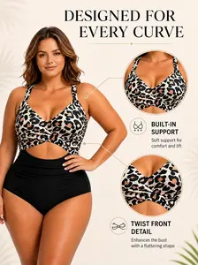 Girlsnufit -Women's Plus Size Leopard Print 1-Piece Swimsuit - 4XL Tummy Control High Waisted Dipping Waistline Cutout, V Neck Crisscross Ruched Swimwear for Curvy Bodies, Happy Curves Pool Party Use