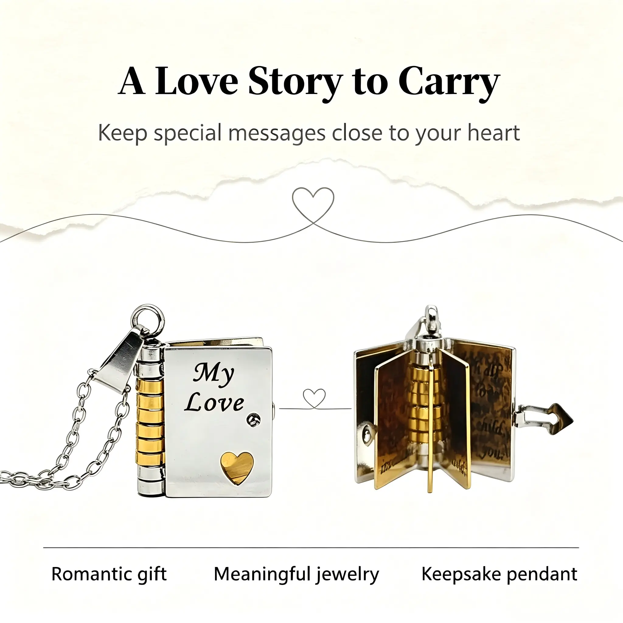 Romantic Storybook Locket Necklace with 'My Love' Flip Book, Gold Hardware Chain and Unique Quote, Anniversary Gift for Couples, Valentine's Day
