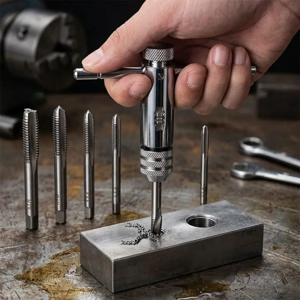 Professional Adjustable T-Handle Ratchet Tap Wrench Set, 6-Piece Metric M3-M8 Tool Kit for Precision Threading, Heavy-Duty Metalworking Tools with Non-Slip Grip for Auto Repair and DIY Projects