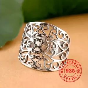 925 Sterling Silver Hollow Vine Wide Ring, Wide Hollow Leaf Pattern, Bohemian Style, Unisex Vintage Jewelry Accessories, Women's Gift