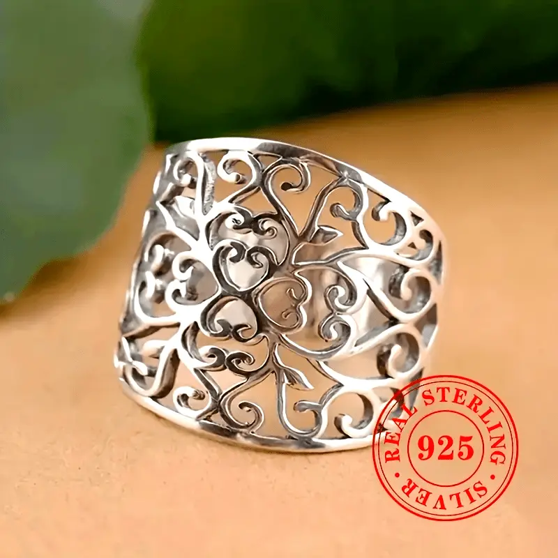 Boho Style 925 Sterling Silver Ring, Elegant Wide Band with Hollow Vine Leaf Pattern for Women, Vintage Unisex Jewelry, Boho Style Rings, Elegant Ring