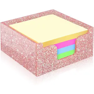 Acrylic Sticky Note Holder, Self Stick Note Pad Holder, 3.94 x 3.94 Inch Glitter Memo Pad Dispenser Organizer for School Office Home Desk Supplies, Rose Gold