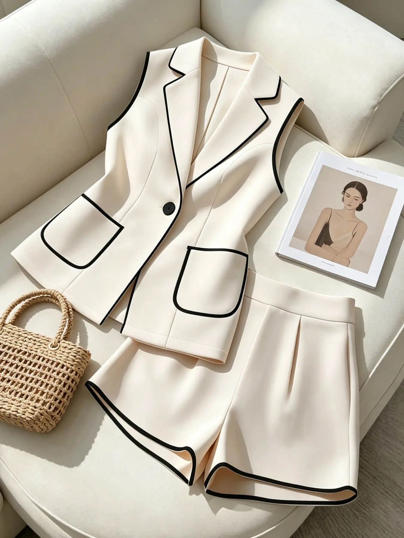 Two-piece Women's Maternity Set, Summer Maternity Sets, Summer Maternity Clothes, Pregnancy Summer Outfits: Black Edge Sleeveless Vest + High-Waisted Shorts, Slimming Commuter Outfit, Suitable for Dates, Office Commutes, Business Casual