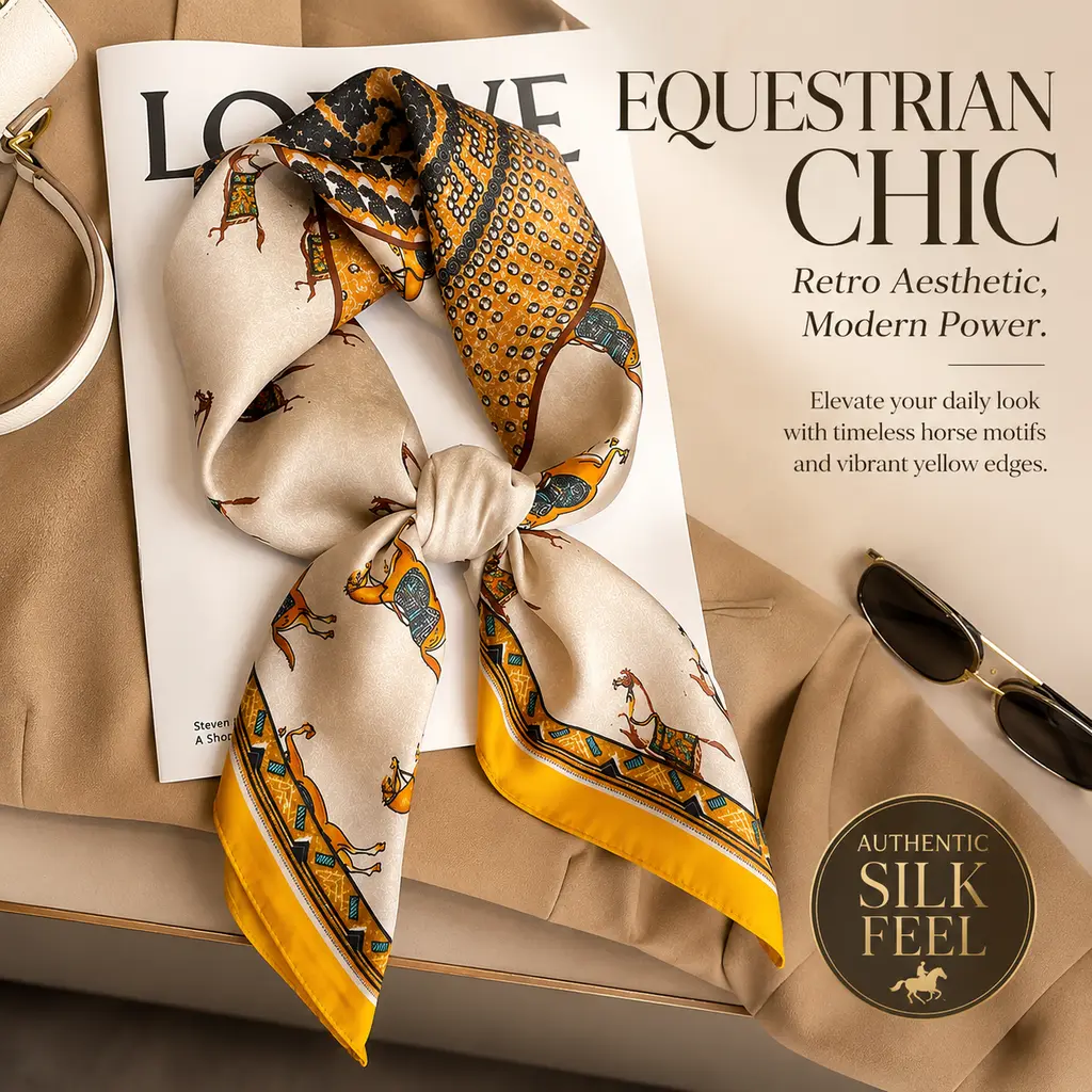 Vintage Horse Print Satin Square Scarf - 70x70cm Decorative Neckscarf, Retro Equestrian Versatile Square Head Scarf, Sun Protection, Business & Casual Wear Quiet Luxury Accessory Fashion Headscarf bandana head wrap moo moo and scarf set scarf head wrap