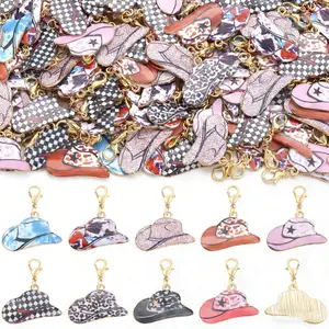 18pcs Mix Western Retro Mix-Style Enamel Keychains Set - Cowboy Hat Shapes, Leopard/Checkerboard/Colorful Print & Brushed Solid Tone Designs, Golden-Tone Lobster Clasps & Link Chains, Ideal Gift for Women Girls