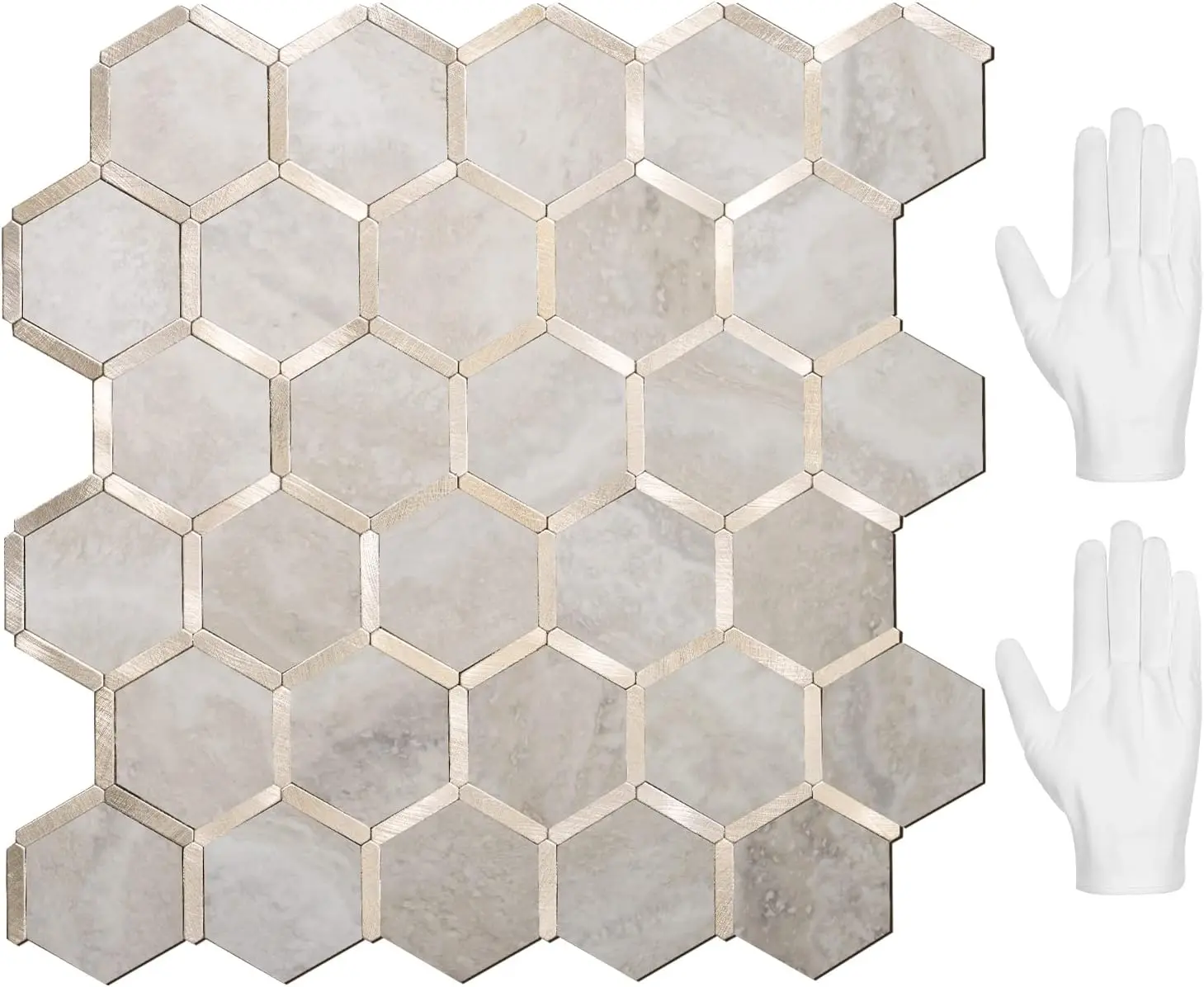 Hexagon Peel and Stick Backsplash Tile, Stick on Backsplash for Kitchen and Bathroom, Beige Marble Look PVC Mixed Metal  Self Adhesive Wall Tiles(10 Sheets, Seamless)