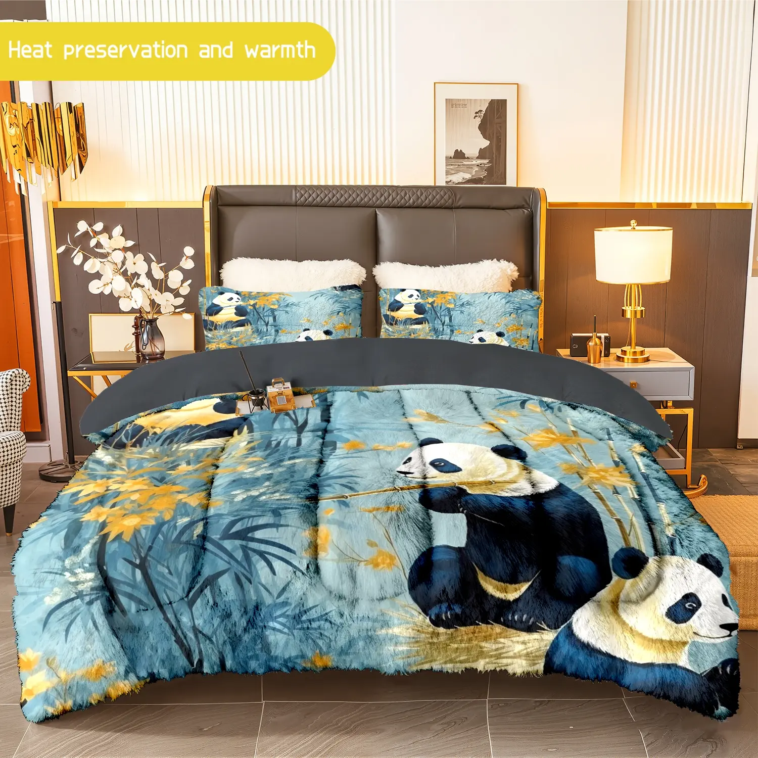 3pcs (1 comforter + 2 pillowcases) Panda - themed Flannel and Milk Velvet Comforter Set, Soft & Cozy Warm Bedding Set for Adults, Trendy Milk Velvet Bedding Essentials