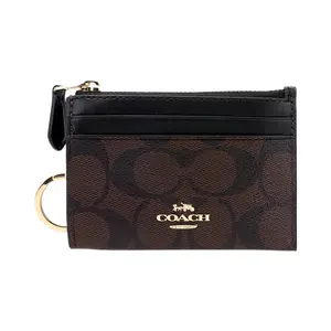 Coach Skinny ID Case with Monogram Coated Canvas and Smooth Leather for Women in Deep Brown