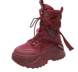 YINUODA Women's White Ankle Boots Chunky 8CM Thick Sole High Platform Sneakers Breathable Canvas Upper LYCRA Lining Spring Autumn Footwear Girl Shoe Insole Flatform