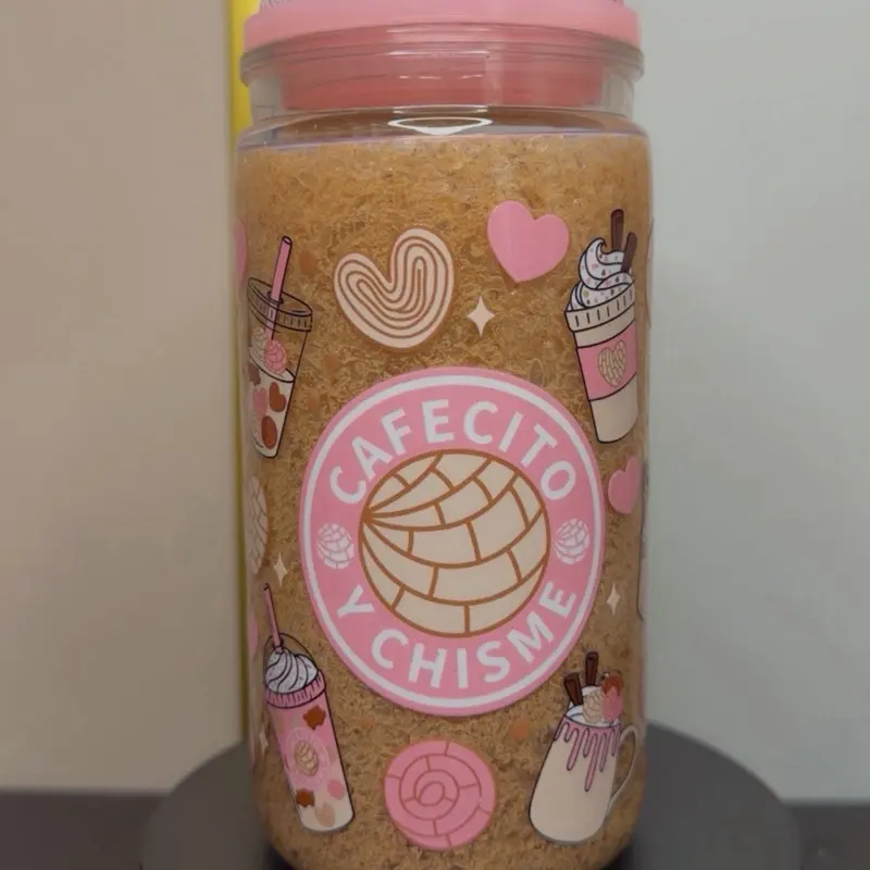 16oz Handmade Acrylic Slushy Effect Tumbler - Cafecito y Chisme, Reusable Cup with Lid and Straw