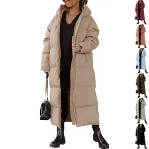 Lannew Women Long Quilted Coat Hooded Maxi Length Long Sleeve Puffer Jacket Padded Coat Winter Outerwear